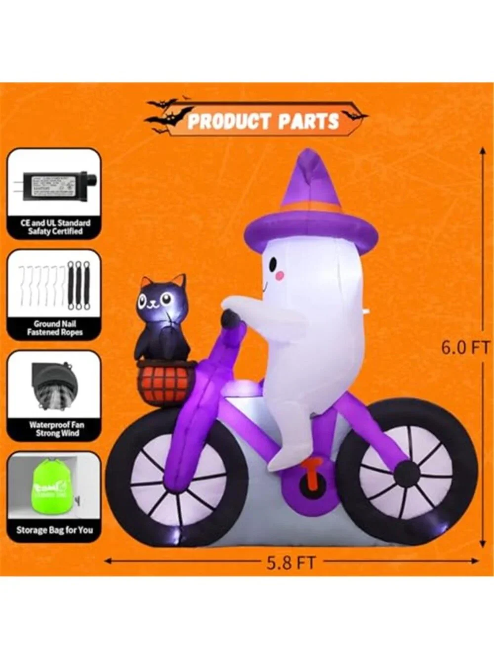5 FT Halloween Inflatable Ghost Cycling with Cat Blow Up with Built-in LEDs